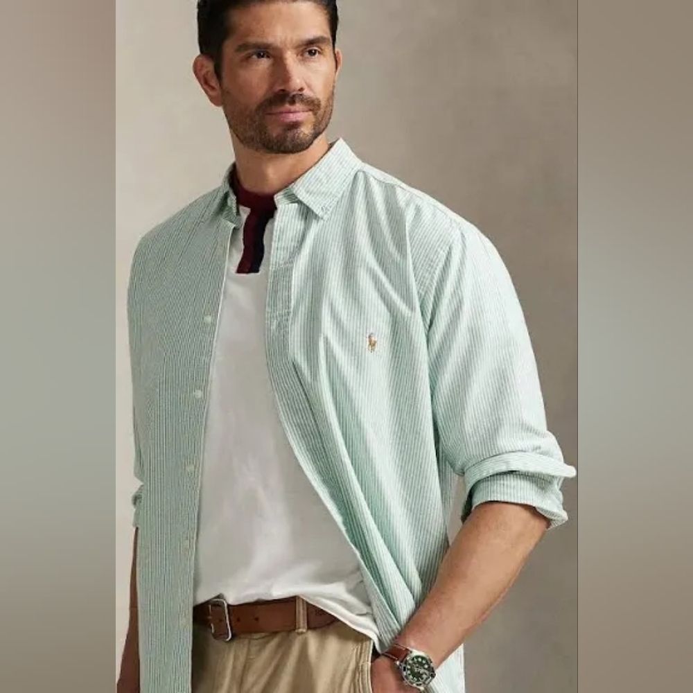 Ralph Lauren Men's Light Green & White Stripe Long Sleeve Shirt Size 18 36/37